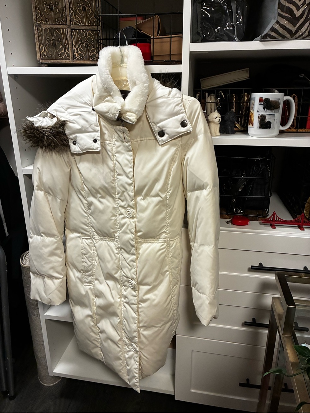 Esprit women’s  Cream Puffer Coat with Faux Fur Trim
